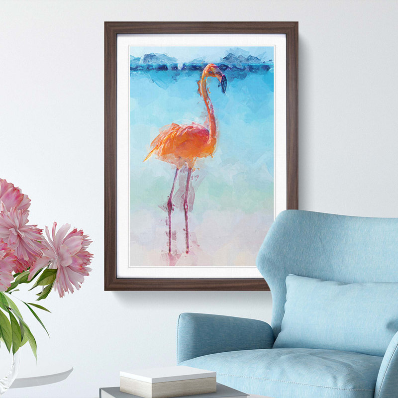 Lone Flamingo in Abstract - Picture Frame Graphic Art Print, Walnut, 60cm H x 40cm W x 2cm D
