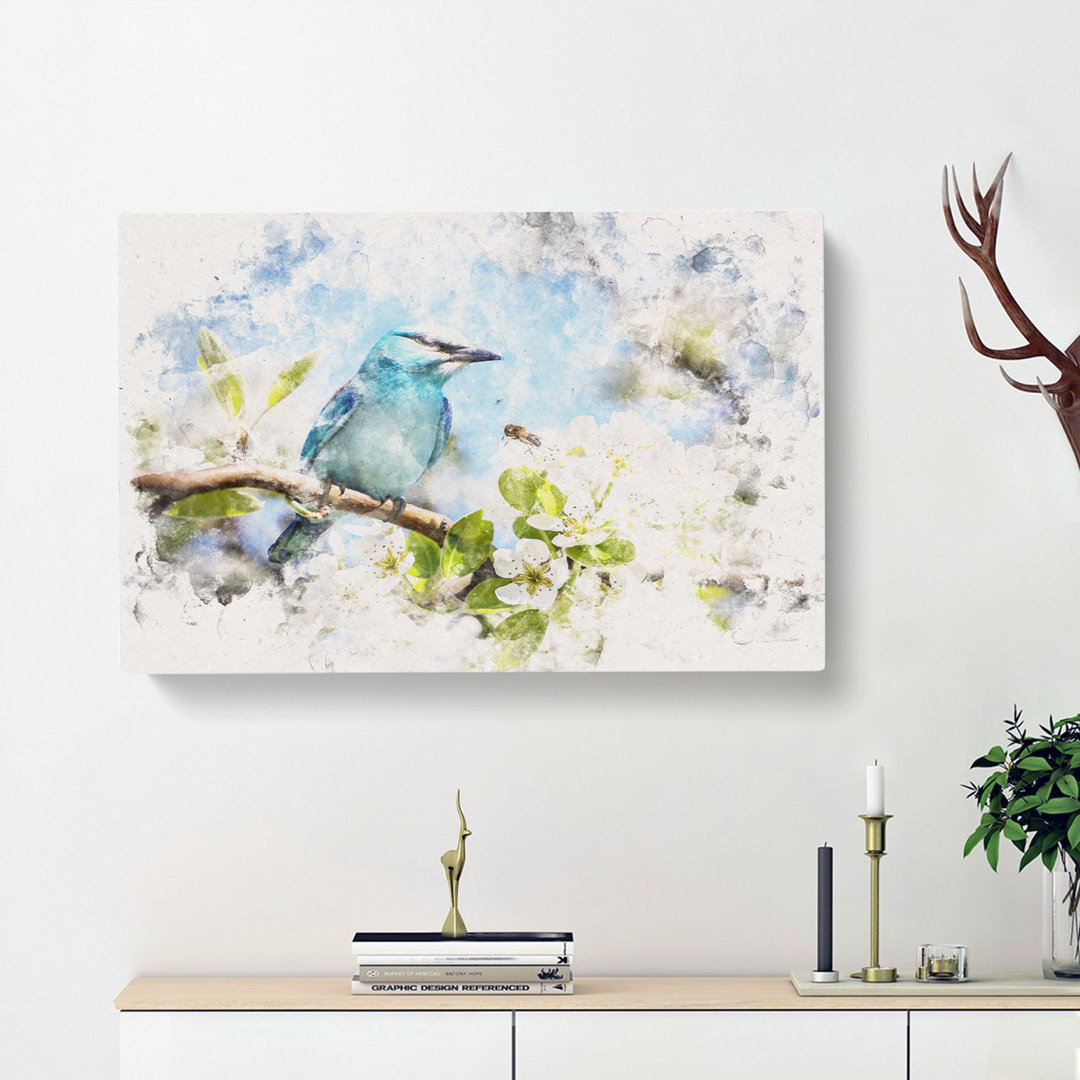Blue Bird & Cherry Blossom Tree - Wrapped Canvas