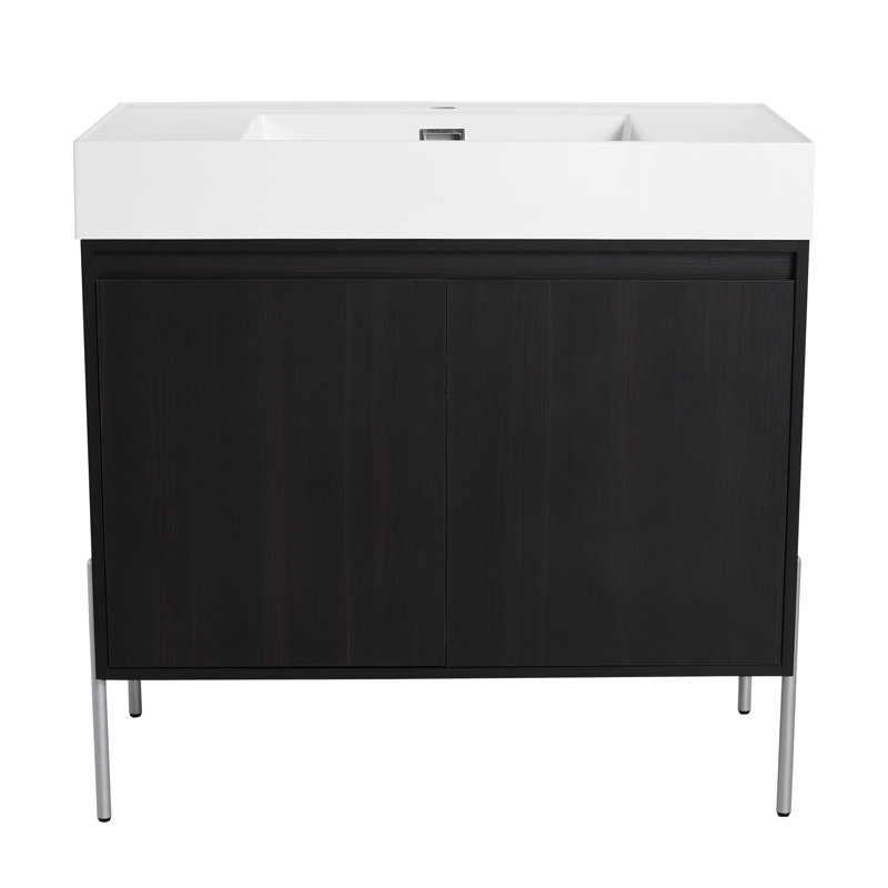 Meuble-lavabo autoportant contemporain avec lavabo en résine et portes à fermeture douce