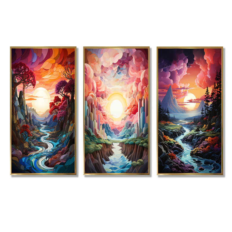«Rainbow Mountain Sunrise Landscape», ensemble d'art mural sur toile arc-en-ciel de 3, Cadre flottant doré, H 28 po x l 36 po
