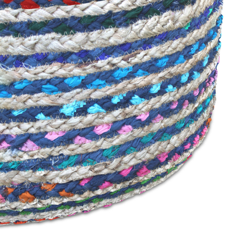 Margo 20"W Handwoven Jute and Cotton Boho Round Pouf in Blue, 14" H x 20.1" W x 20.1"D, Blue