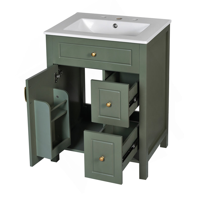 Meuble-lavabo de 24 pouces avec lavabo en céramique, 1 porte à fermeture en douceur, 2 tiroirs à fermeture en douceur et 2 supports de rangement sur la porte