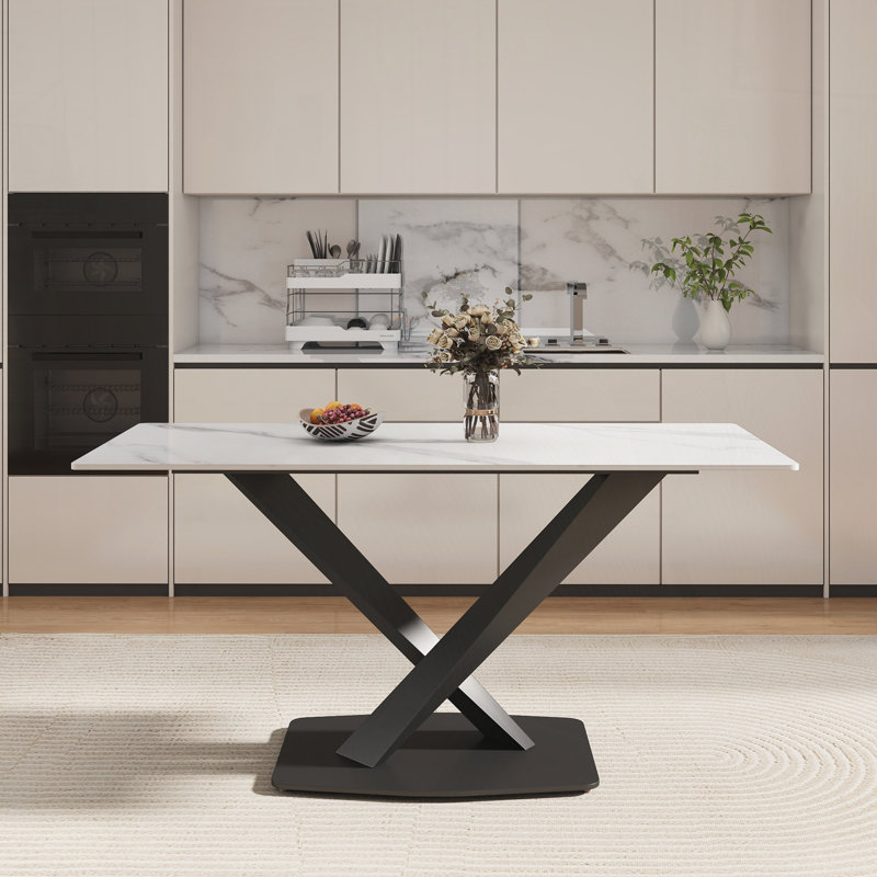 Table de salle à manger moderne en pierre artificielle à bord droit avec pieds en X en métal, Pierre frittée blanche