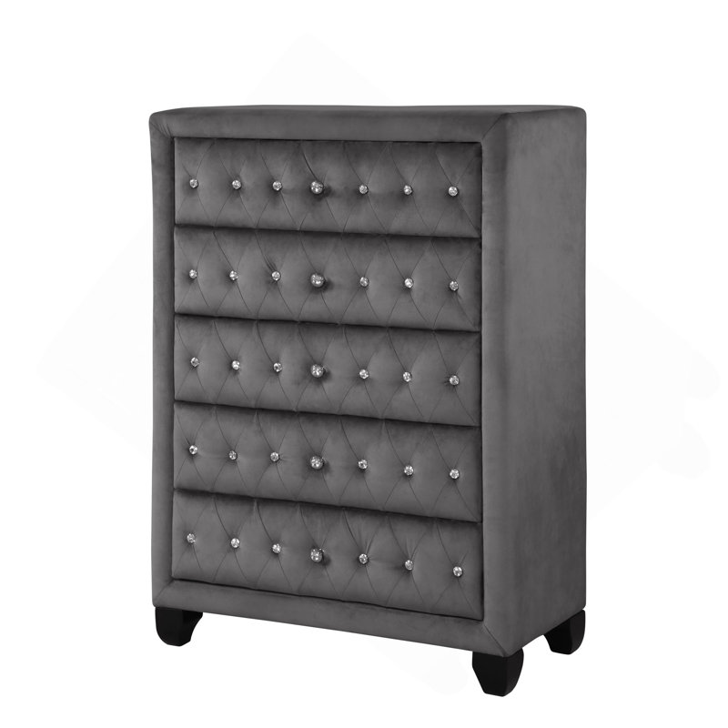 Commode capitonnée en cristal de style moderne avec 5 tiroirs et tissu en velours