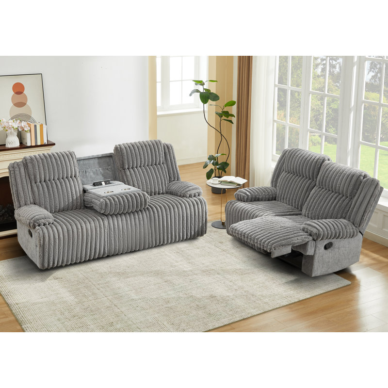 Ensemble de canapé et causeuse inclinables 2 pièces avec console rabattable, chargement USB / type-c et porte-gobelets - gris / beige