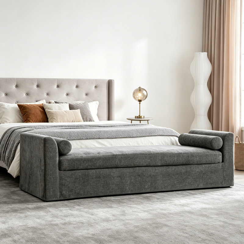 CHIRA Oversized Bed Ottoman, Chenille Upholstered Extra Long Bench with Arms, Gray