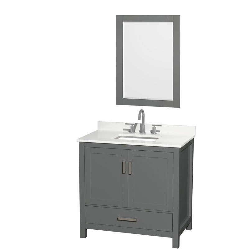 Sheffield 36" Freestanding Single Bathroom Vanity with Quartz Top with 24" Mirror, White Quartz, Dark Gray, Chrome