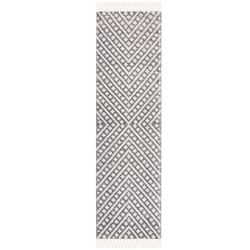 Tapis / laine / coton Barrington ivoire / noir touffeté à la main, Tapis de couloir 2 pi 3 po x 12 pi