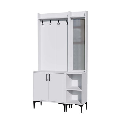 Modern Hall Stand with Multipurpose Hanging Rack, White, 27.6 x 77.2 x 13.8 inches | 100% Melamine Coated Chipboard | Wall-Mountable Design, Numerous Shelves for Additional Storage, Stylish & Functional Entryway Solution