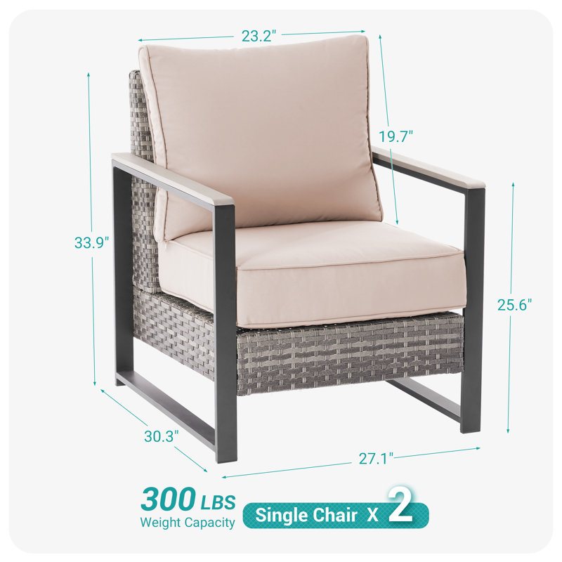 2 Piece Wicker Patio Chairs Set, All-Weather PE Rattan Wicker Chair Patio Conversation Couch with Cushion, Sand