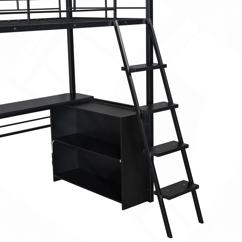 Lit mezzanine en métal avec DEL, bureau et 4 tablettes de rangement, noir, Lit simple