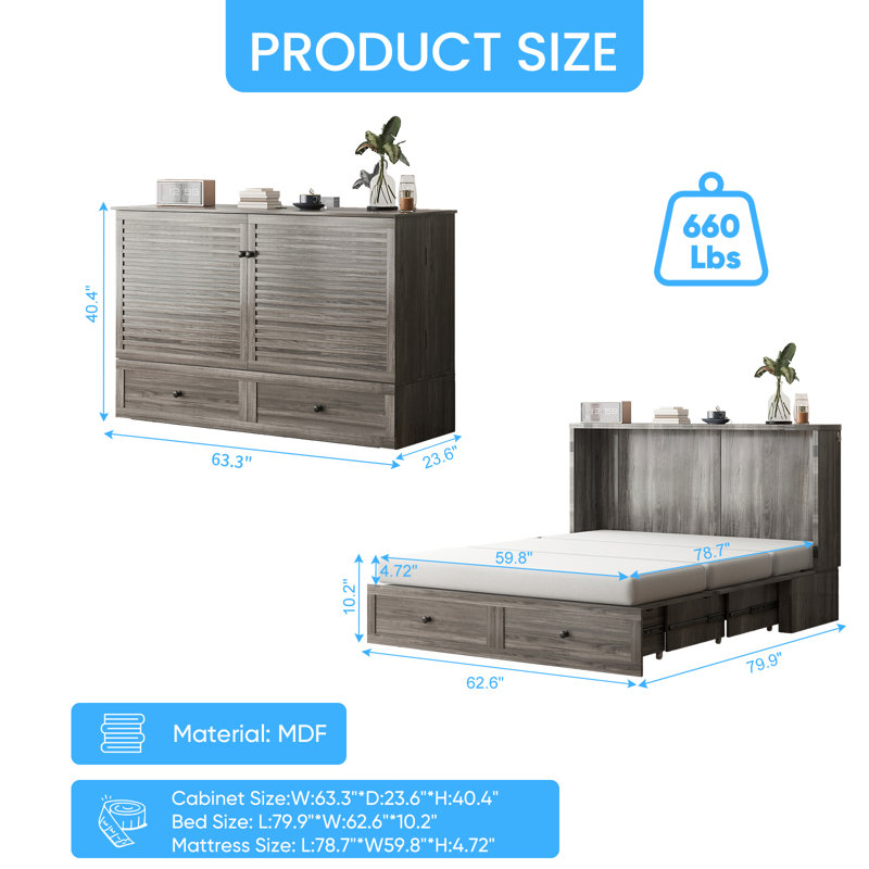 Mjkone Queen Murphy Bed With Usb Charging - Space-saving Foldable Wall Bed Converts To Sleeper, Includes 4.7" Mattress & 2 Storage Drawers, 880lbs Capacity