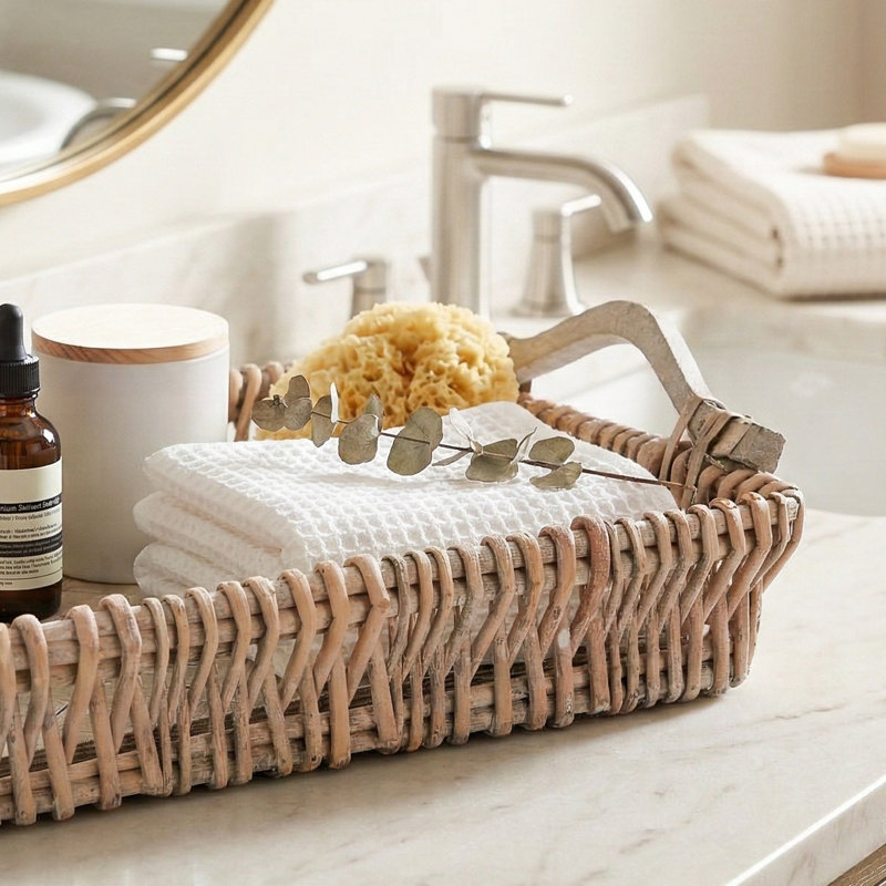 Handwoven Wicker Bathroom Vanity Tray – Farmhouse Countertop Organizer, White Wash