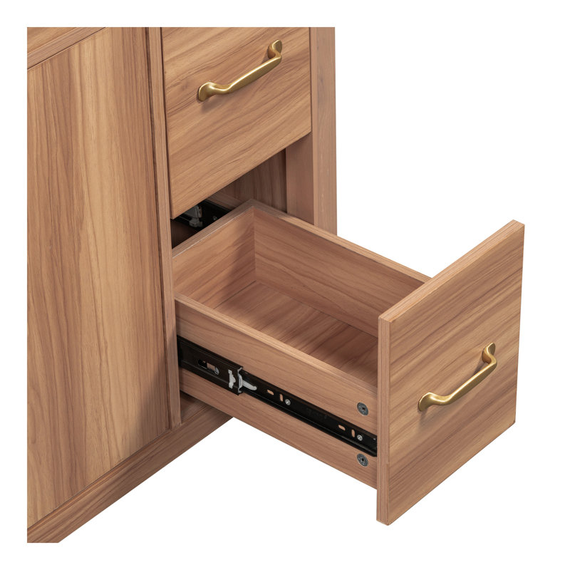 Meuble-lavabo en bois avec cadre en bois massif, 2 portes à fermeture douce, 3 tiroirs à fermeture douce, tablette réglable, armoire de rangement moderne pour les petites salles de bain
