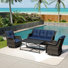 Ensemble de patio extérieur en osier pour 5 personnes avec canapé 3 places, chaises, table basse et coussin bleu