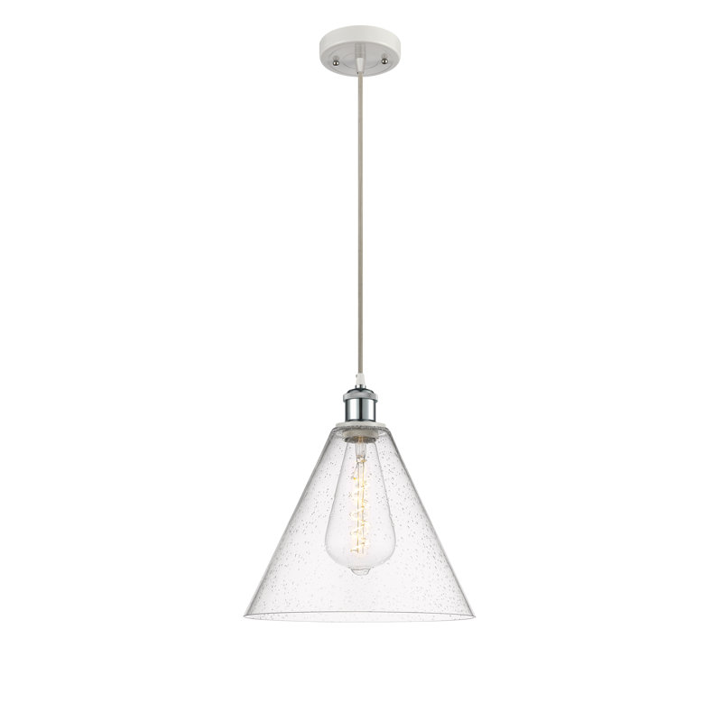 Luminaire suspendu conique à 1 lumière Halyn, H 14,75 po x l 12 po x P 12 po, Noir transparent, Blanc / chrome poli