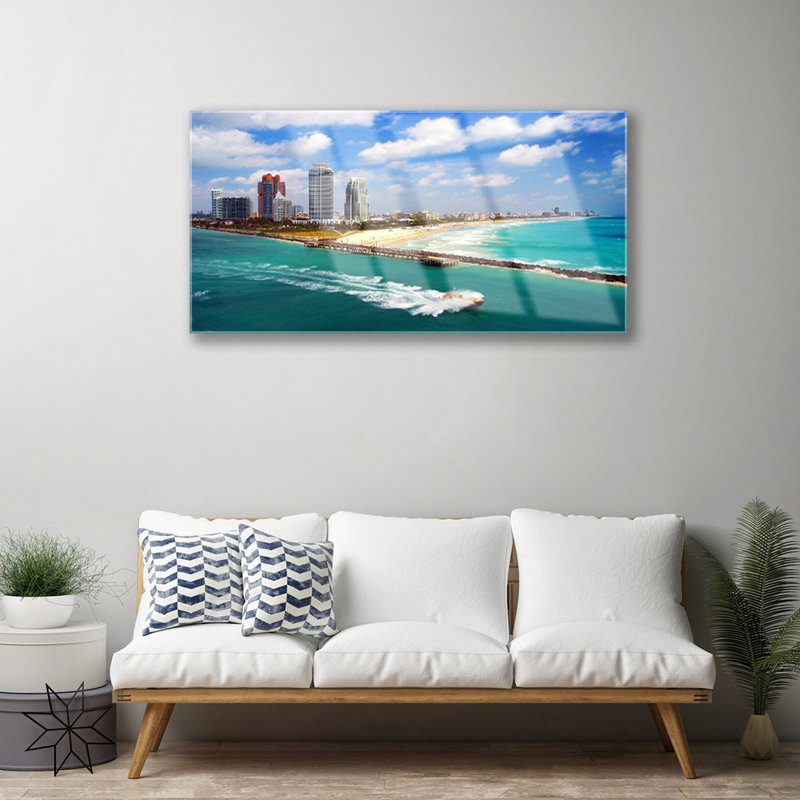 Landscape Sea Beach Town - Unframed Photograph on Glass
