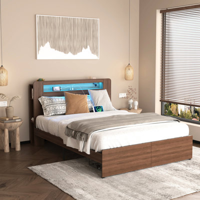 Platform Bed Frame Queen With Storage Bookcase, 2 Drawers, Led Headboard, Fast To Build, Brown Design, Bookcase Shelf, Charging Station, Led, Brown, Assemble