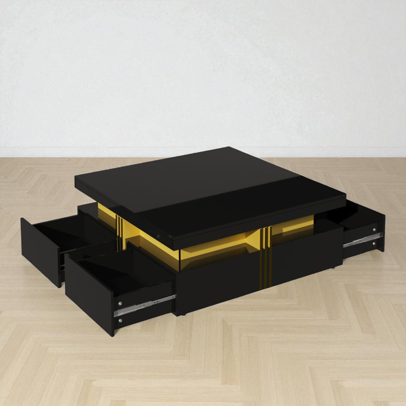 Modern Square Storage Coffee Table with 4 Drawers Contemporary Storage Table Cocktail Table Living Room Table, Black