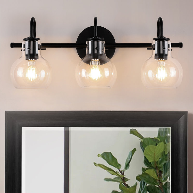 Éclairage pour meuble-lavabo avec abat-jour en verre transparent, Noir mat, 3 lumières