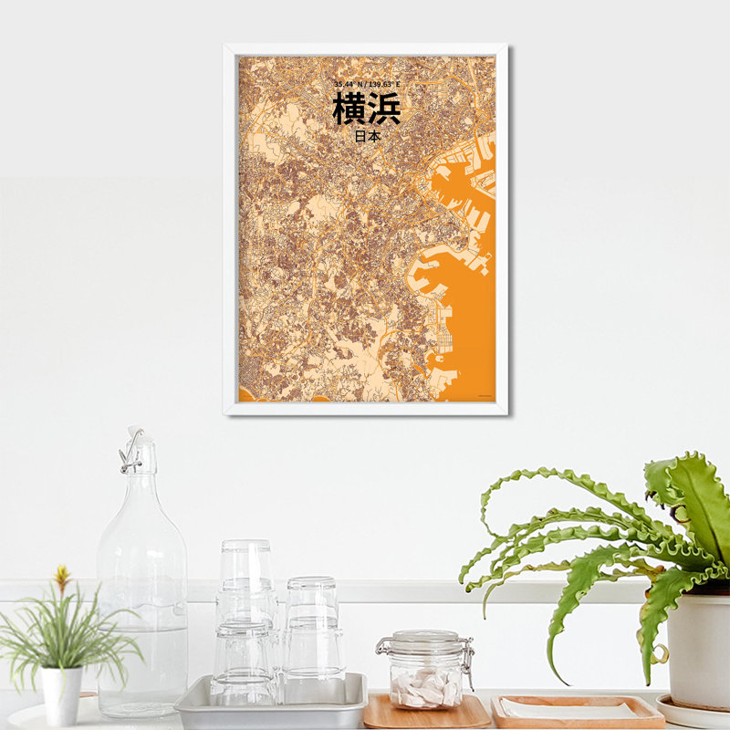 Yokohama (japonais), impression de carte de la ville, H 24 po x l 18 po, Orange / or pâle