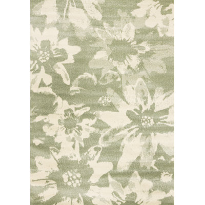 5' X 8' Green And Cream Botanical Leaves Area Rug