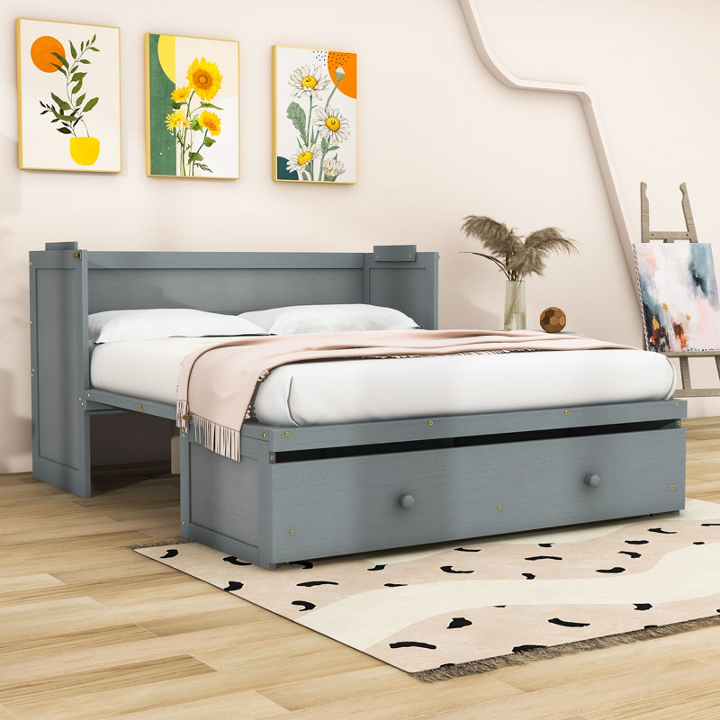 Lit escamotable double en bois avec conception peu encombrante, Gris, Grand lit