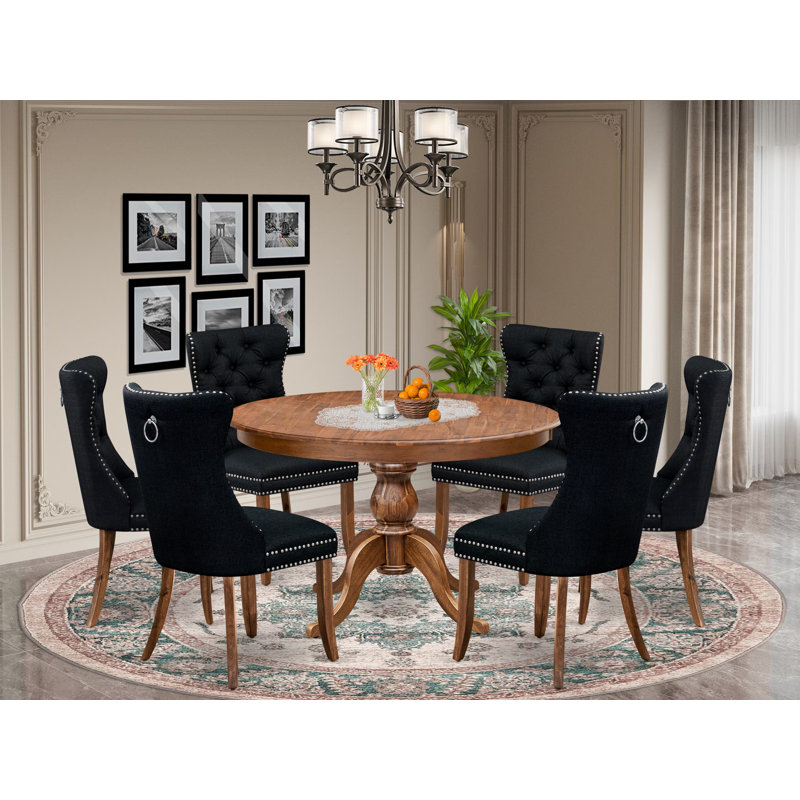 Ensemble de salle à manger 7 pièces en polyester avec 6 chaises de salle à manger noires, un dossier capitonné et une table ronde de 48 po au fini noyer antique.