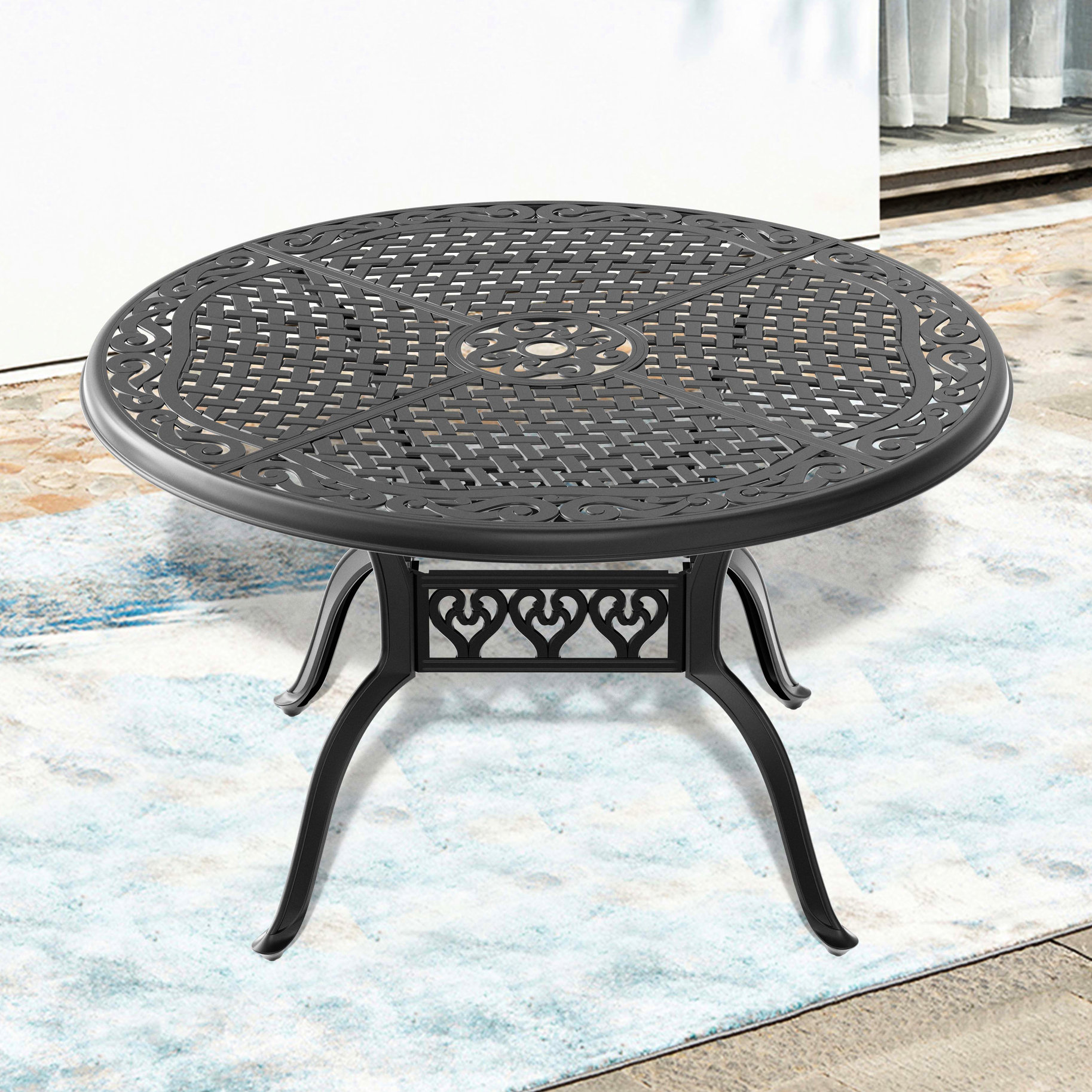48 inch black iron patio table with umbrella hole MFSTUDIO 5 Pcs Dining Set fo 4, 42" Round Wrought This table has a seating capacity for four people Mondawe 48 in. W Round