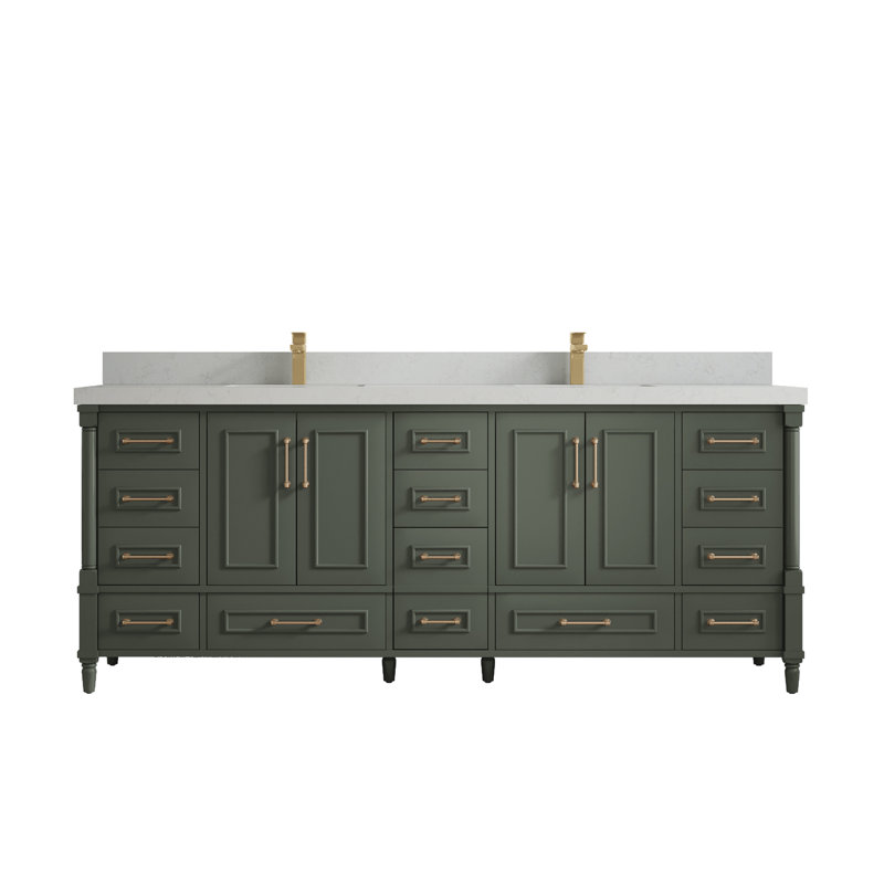 Ensemble de meuble-lavabo double 84 po Aberdeen, Quartz de Carrare, Étain vert