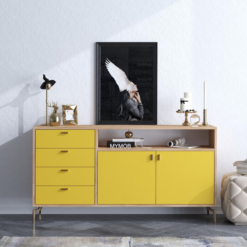 Modern Oak and Yellow Console Table with 4 Drawers, 55.1 x 33.9 x 15.7 inches | 100% Melamine Coated Particle Board, Thickness: 0.7 inches | Wall-Mountable, Stylish Storage Solution for Home & Office