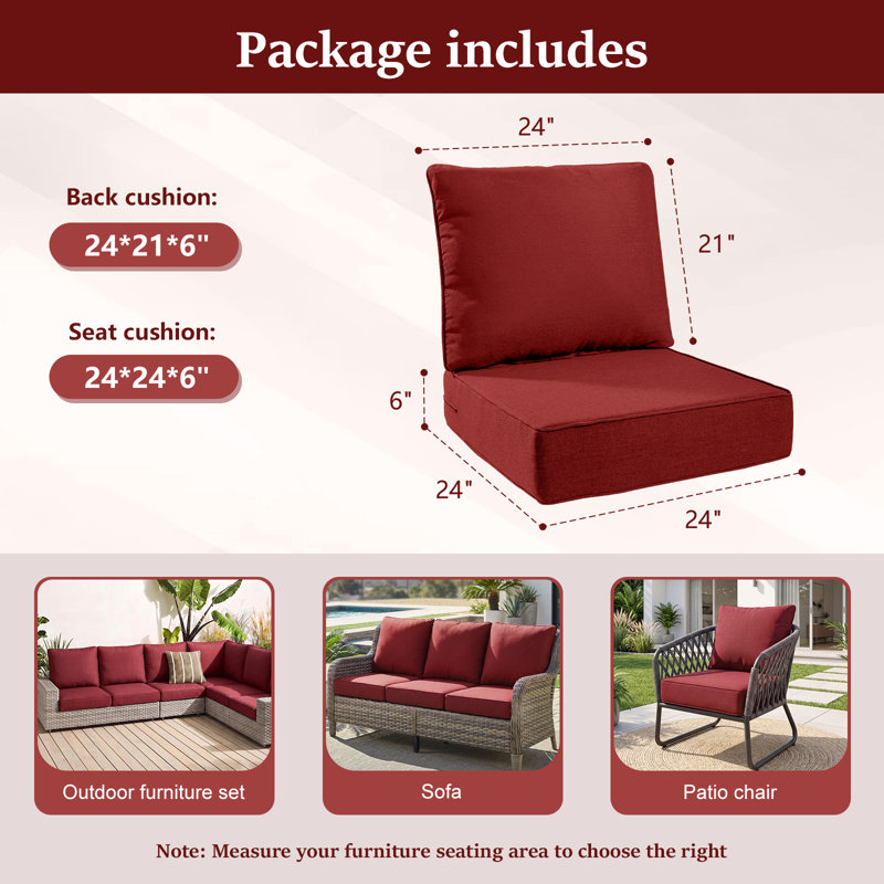 Outdoor Chair Cushions, 24" X 23" High-Density Foam Deep Seat Patio Cushions With Olefin Fabric & Removable Zipper Cover, Outdoor Furniture Replacement Cushions Set Of 3 For Chair Sofa Couch