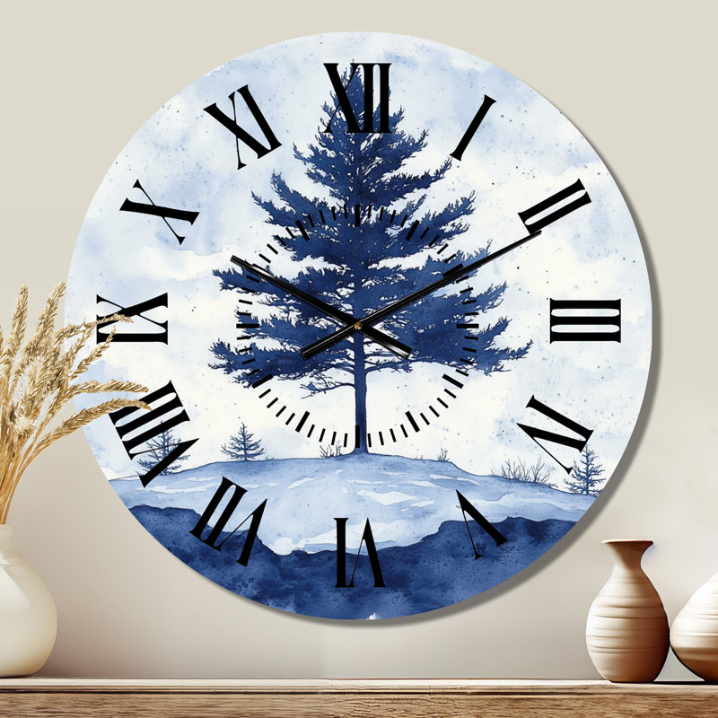 Horloge murale ronde moderne en métal - Silhouette de pin d'hiver, Grand