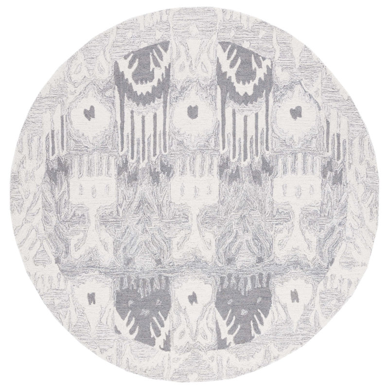 Ikat Hand Tufted Wool/Cotton Ikat Rug in Light Gray/Ivory, Round 6'