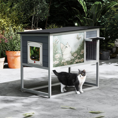 Gray Outdoor Cat House, And Elevated With High Legs, Curtained Door, Escape Openable Top, Spacious Safe Enclosure, Design, Panel, Entrance, Hinged Roo
