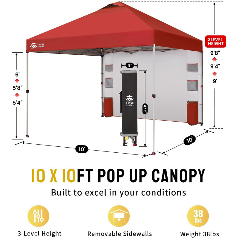 10 Ft. W x 10 Ft. D Steel Pop Up Canopy Outdoor Shade with Pockets Sidewall, Red