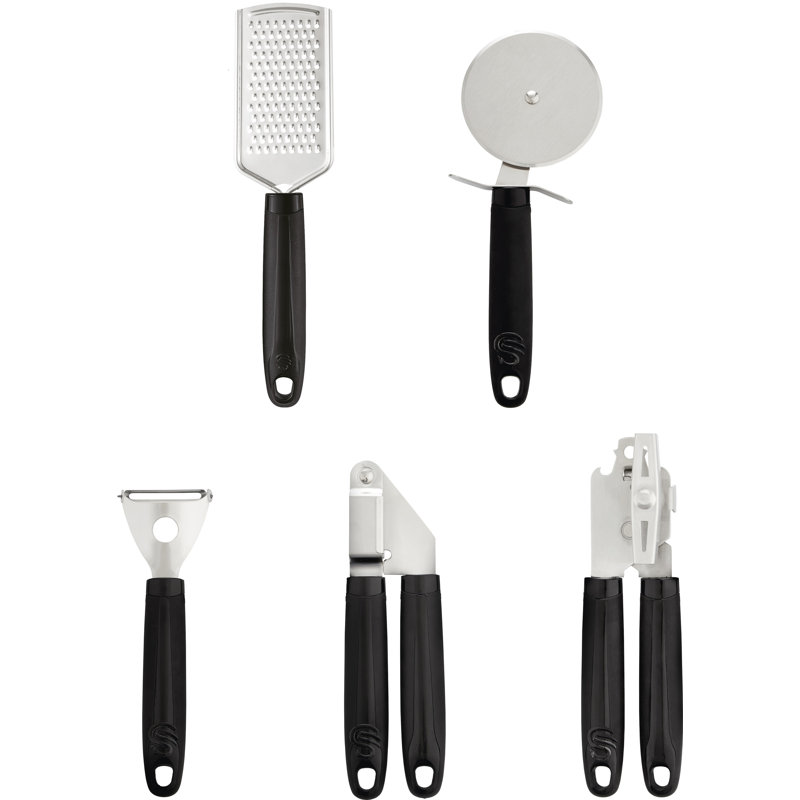 Swan SWKA61012 Stealth 5 Piece Stainless Steel Gadget Set, Pizza Cutter, Y Peeler, Garlic Press, Can Opener, Grater, Soft Touch Handles, Hanging Holes