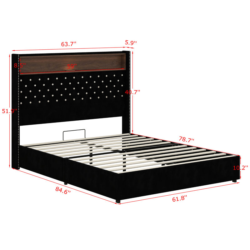Lit tapissier en velours, lit plateforme à oreilles capitonné avec tête de lit moelleuse de 52 po de hauteur, port USB, veilleuse, tablette de rangement