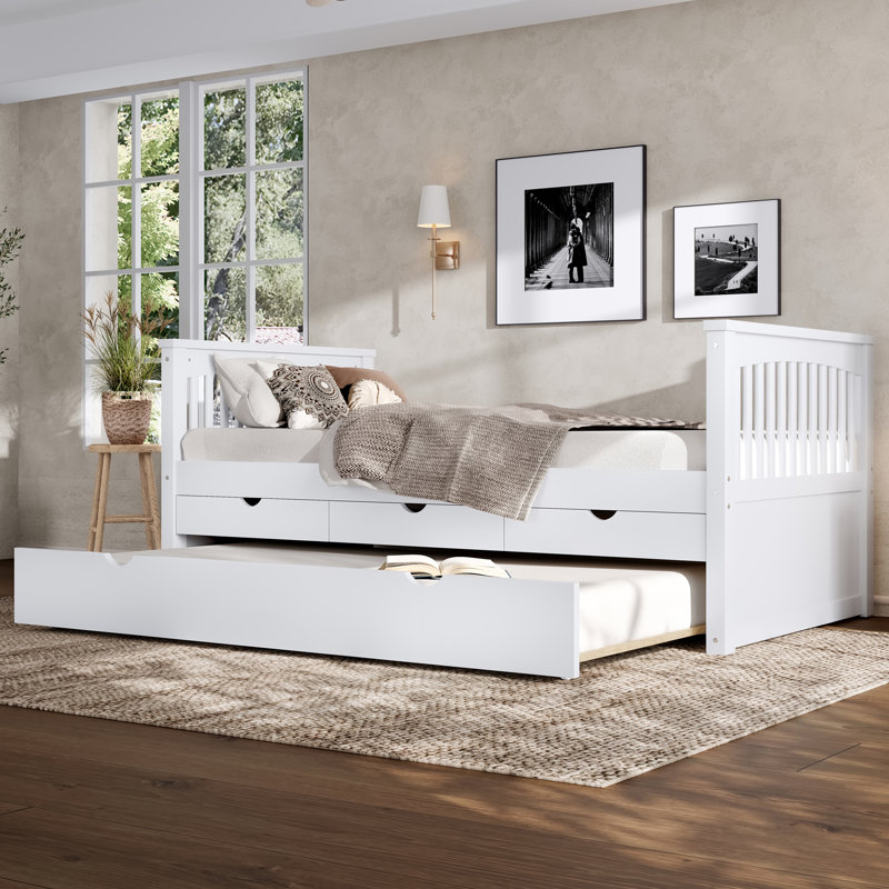 Lit plateforme simple avec tiroirs et lit gigogne, lit de jour en bois massif, sans sommier, blanc, Blanc