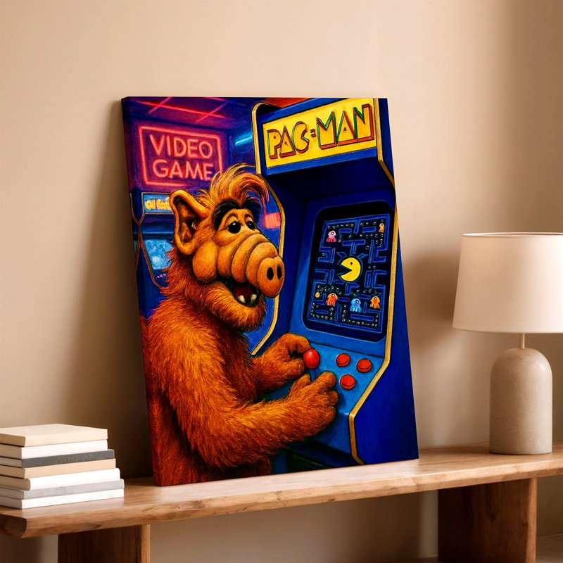 Rétro jeu d'arcade, personnage extraterrestre jouant à un jeu vidéo néon, impression murale, 20 x 30 in