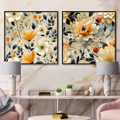 White Blossoms In Paradise III - Ensemble de 2 collages carrés botaniques abstraits