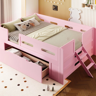 Lit plateforme en bois rose avec garde-corps et tiroir de rangement, clôture semi-fermée, garde-corps en pin et structure, assemblage simple