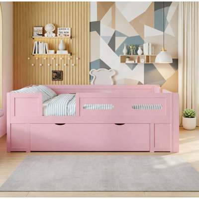 Wood Platform Bed with Guardrail,Drawer