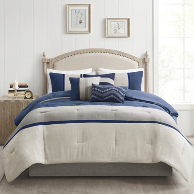 Édredon 7 pièces en faux suède bleu grand - lavable avec édredon, 2 taies décoratives, 3 coussins décoratifs, jupe de lit dans la machine
