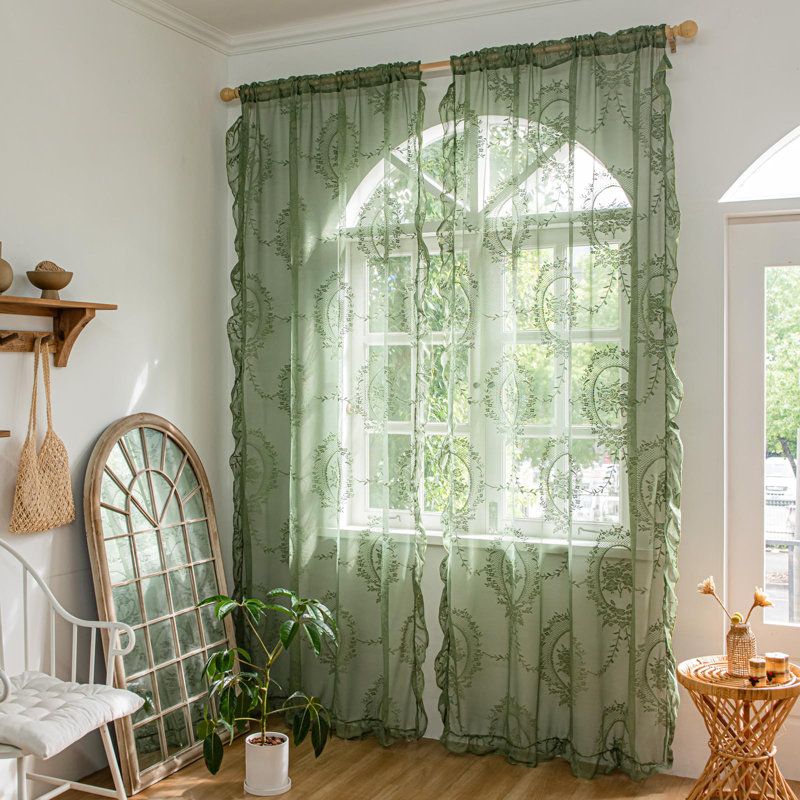 Green Lace Curtains 84 Inches Long 2 Panels Set,Sheer Florals Scallop Ruffle, Vintage Window Treatment Pair Bohemian Christmas Decor Drapes,Olive