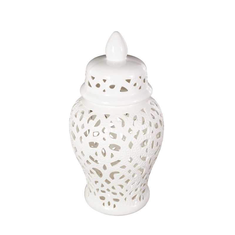 Estarlin Ceramic Decorative Jars with Geometric Cutout Design and Lid, White
