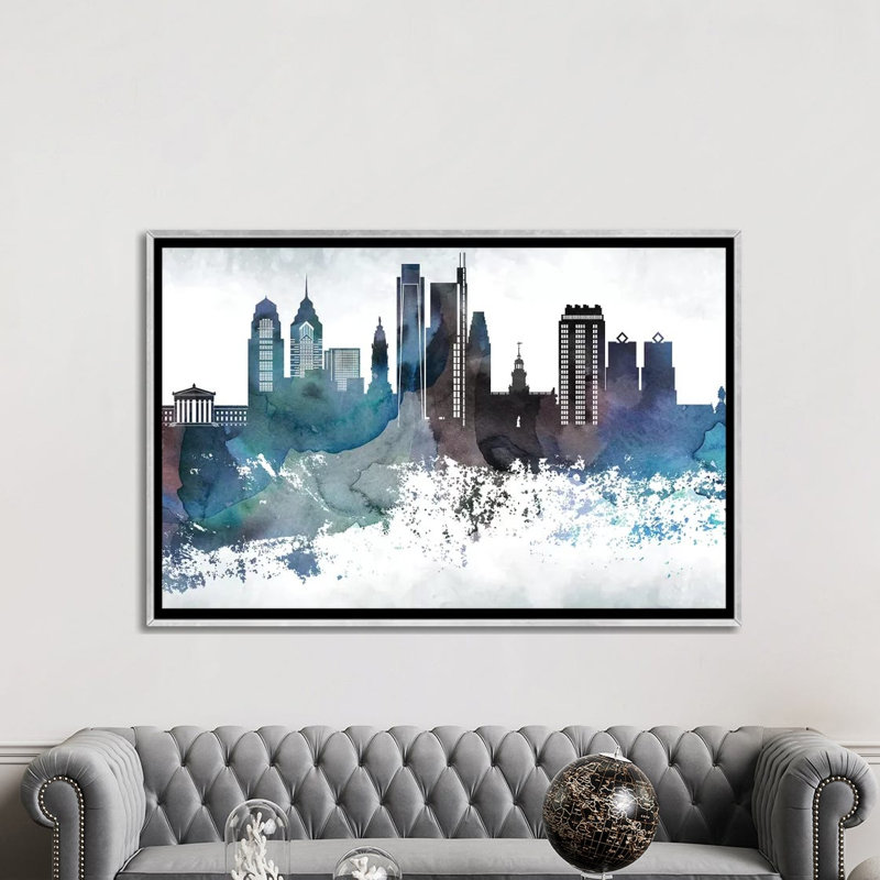Philadelphia Bluish Skylines - impression d'art graphique, H 40 po x l 60 po x 1,5 po, Toile avec cadre argenté, Aucun mat