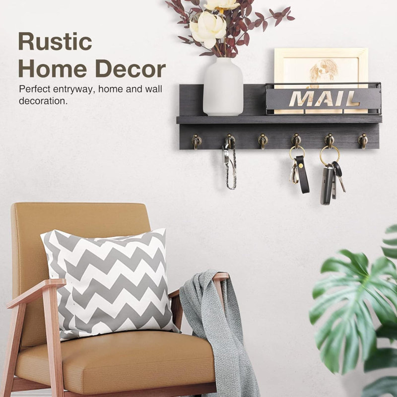 Porte-clés et porte-courrier pour le mur: crochets à clés rustiques faciles à installer pour le mur avec gabarit mesuré, porte-clés en bois avec fente en métal pour le décor du vestibule, noir