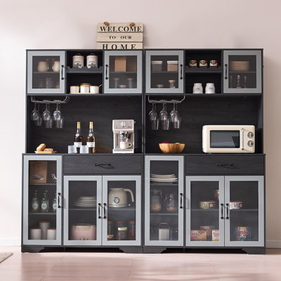  83.4"W Large Kitchen Pantry Cabinet with Hutch, Coffee Bar Cabinet with LED Lights, Power Outlets, Glass Doors and Drawers