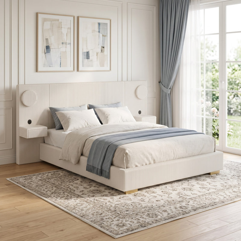 Lit plateforme rembourré avec éclairage circulaire DEL, ports de chargement USB et tiroirs de rangement latéraux, profil bas, moderne, chambre à coucher